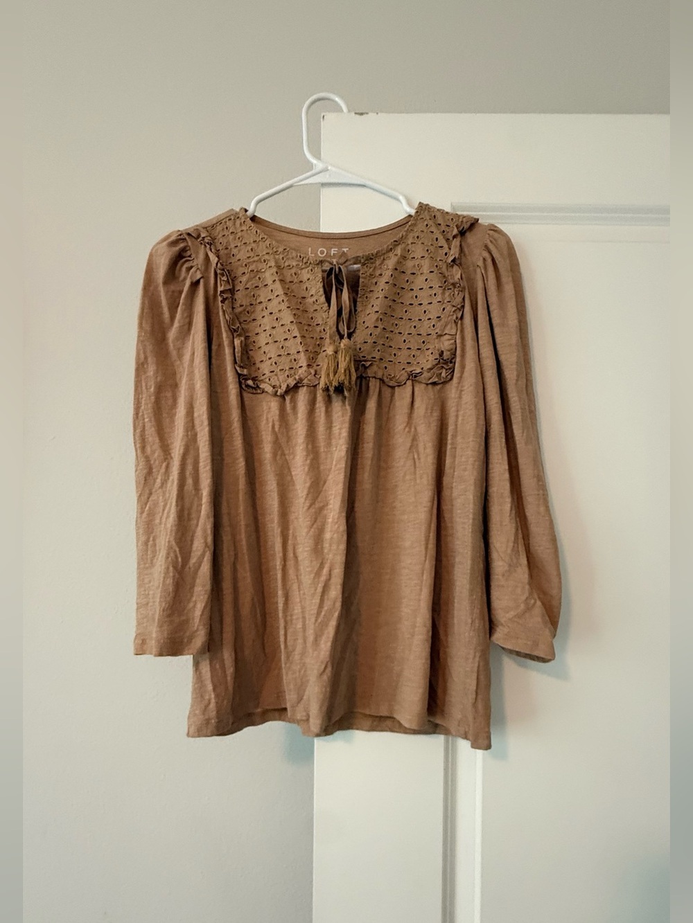 LOFT Brown Eyelet Yoke Peasant Blouse